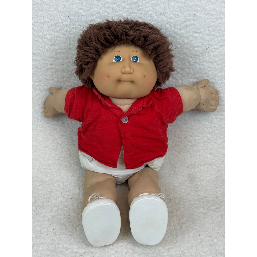 Vtg 80s Cabbage Patch Kids Boy‎ Doll Brown Fuzzy Yarn Hair Blue Eyes Freckles KT